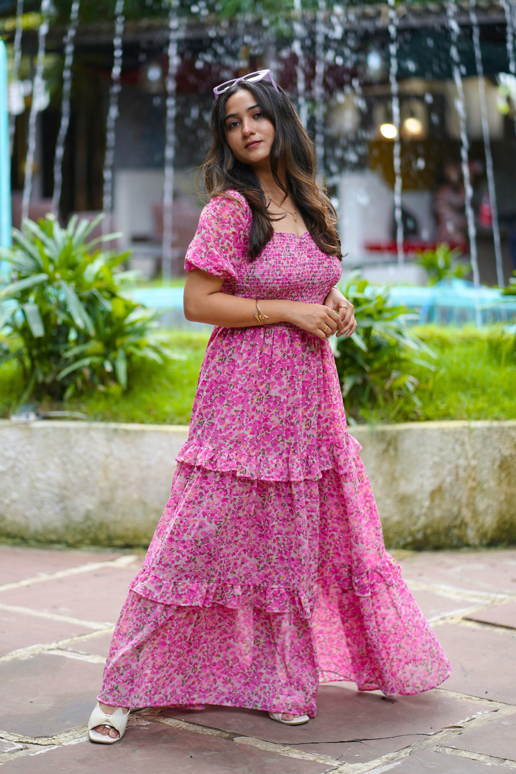 Elegant Floral Print Maxi Dress with Puff Sleeves