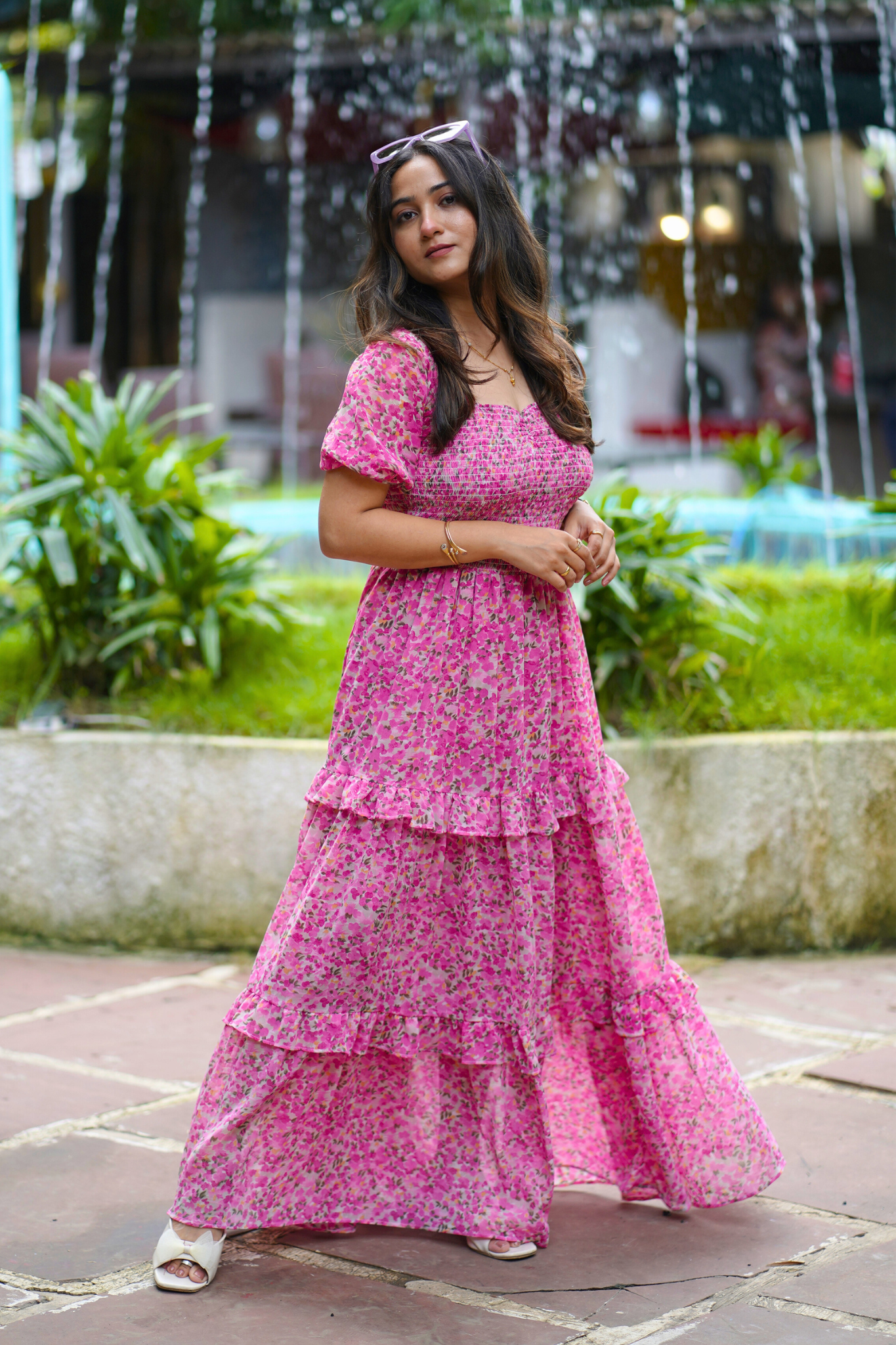 Elegant Floral Print Maxi Dress with Puff Sleeves