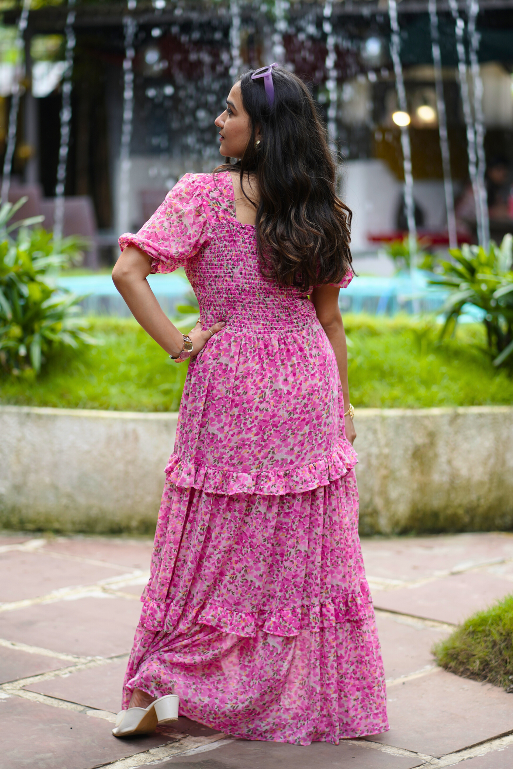 Elegant Floral Print Maxi Dress with Puff Sleeves