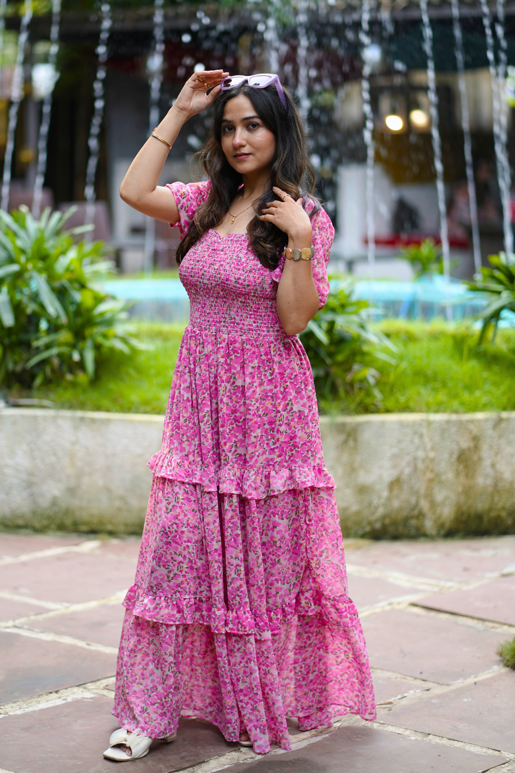 Elegant Floral Print Maxi Dress with Puff Sleeves
