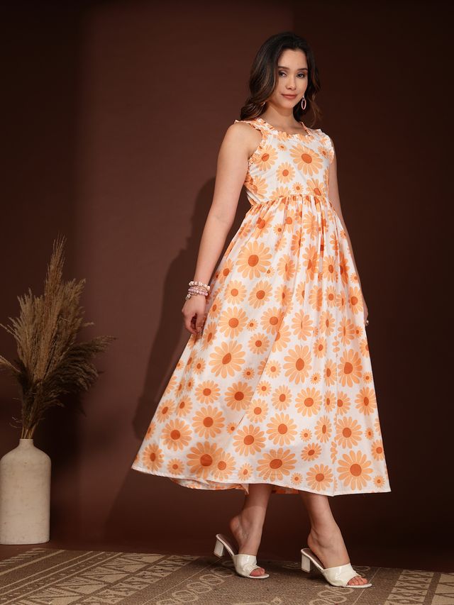 Elegant Orange Floral Fit & Flare Maxi Dress