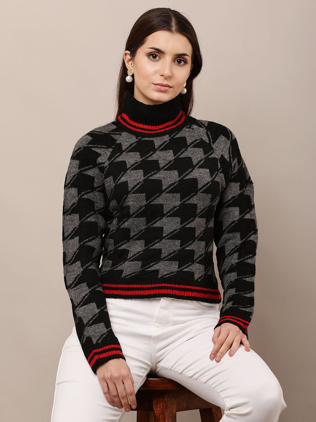 Black Classic High Neck Checked Pullover