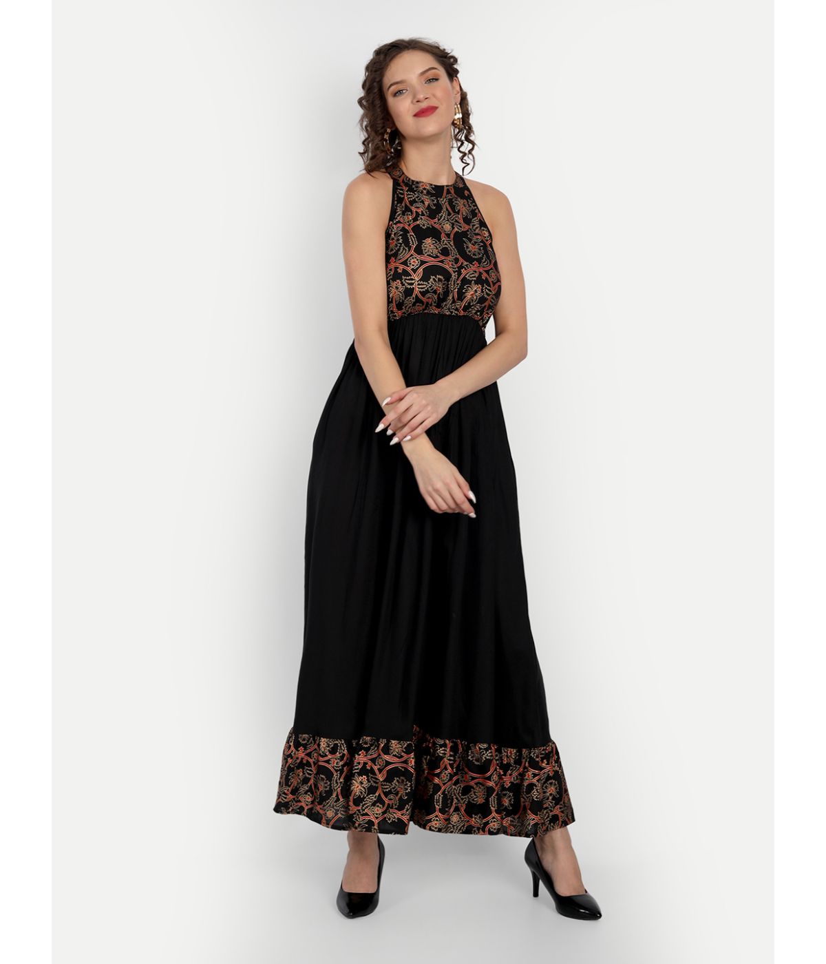 Black Printed A-Line Sleeveless Maxi Dress