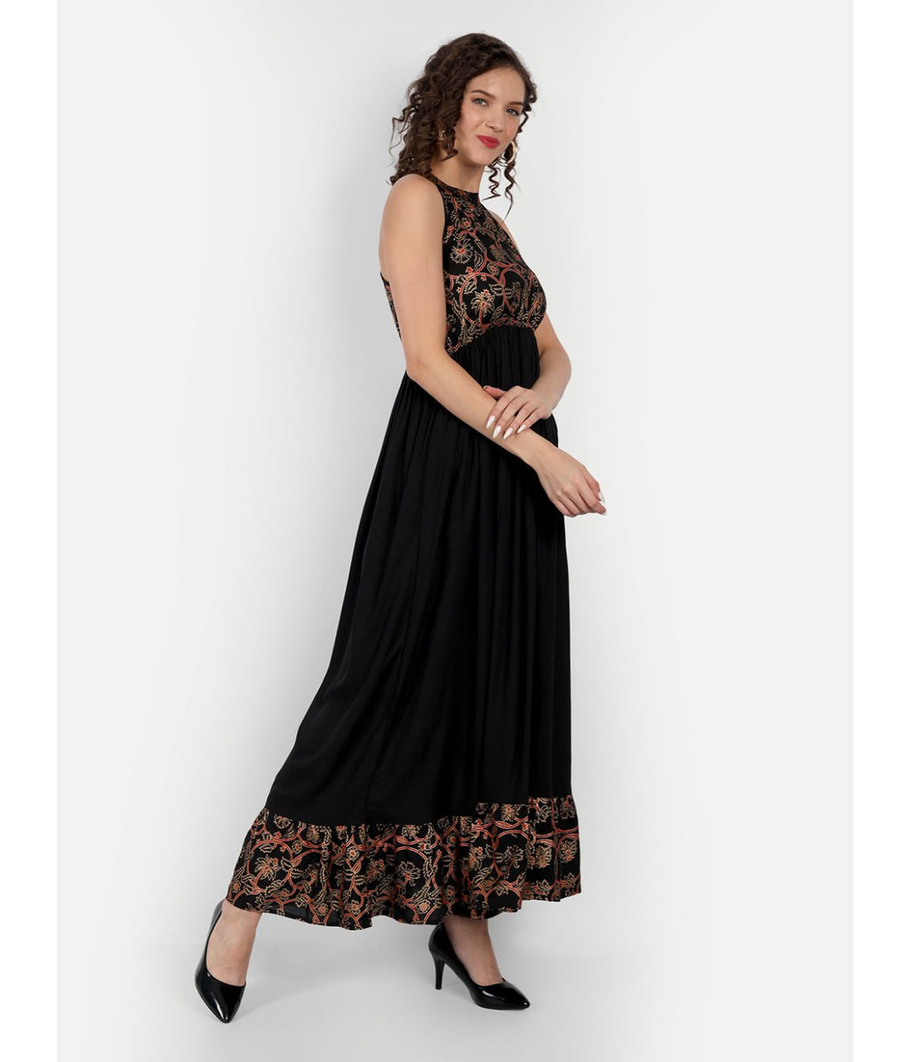 Black Printed A-Line Sleeveless Maxi Dress