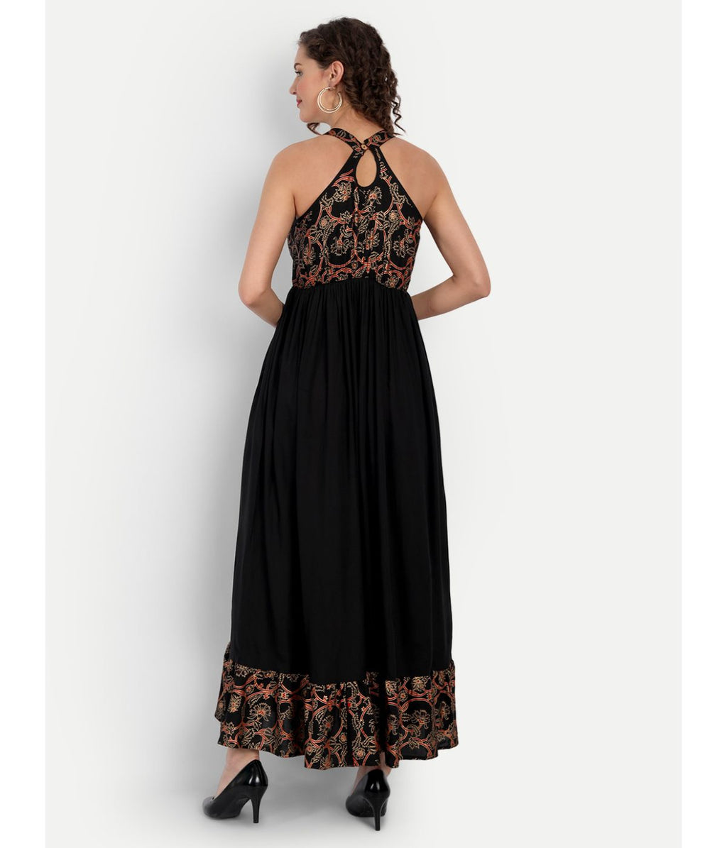 Black Printed A-Line Sleeveless Maxi Dress