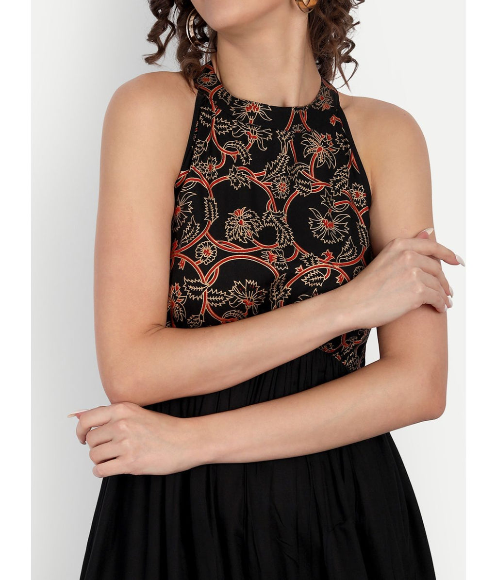 Black Printed A-Line Sleeveless Maxi Dress