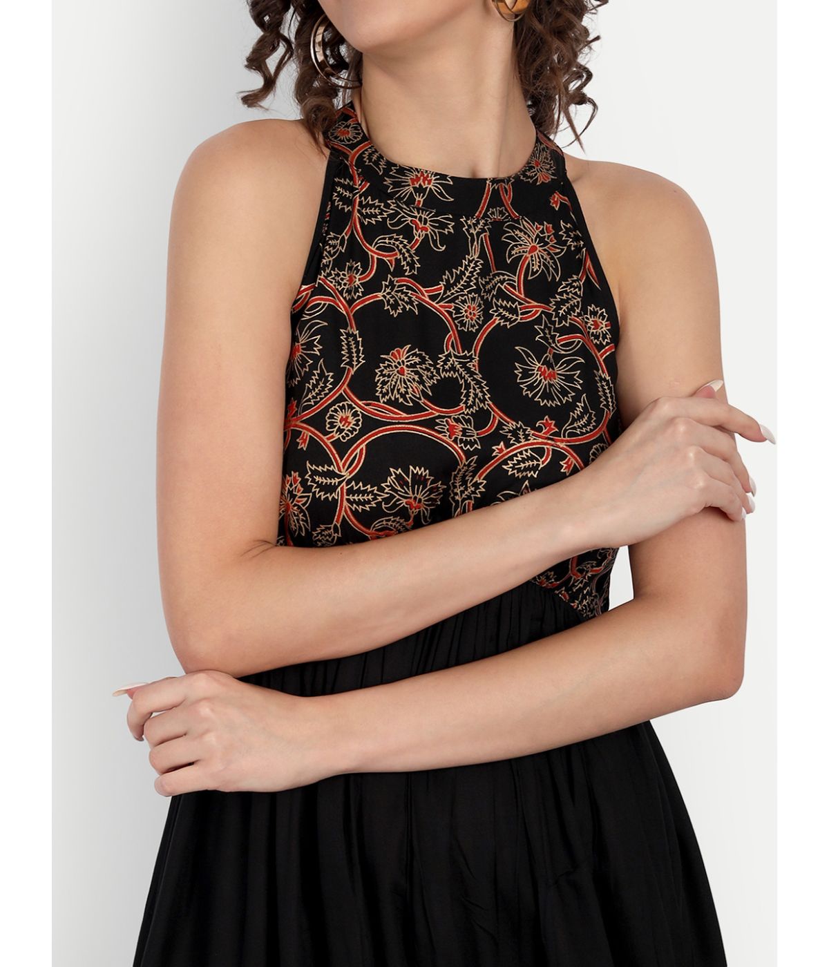 Black Printed A-Line Sleeveless Maxi Dress