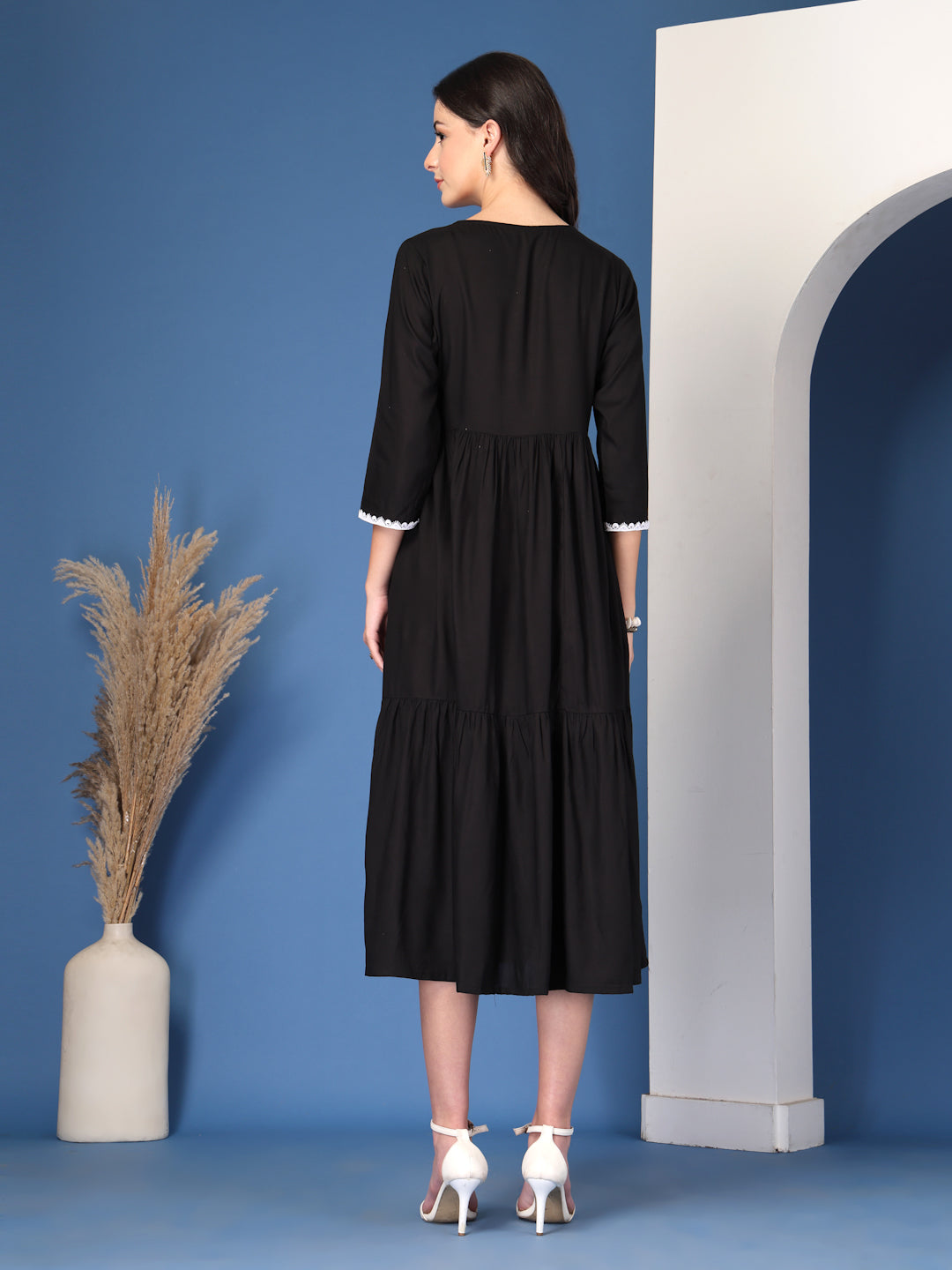 Classic Black Solid Midi Dress