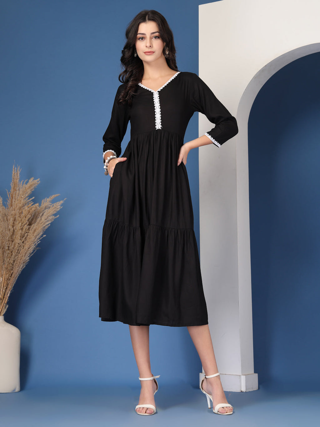 Classic Black Solid Midi Dress