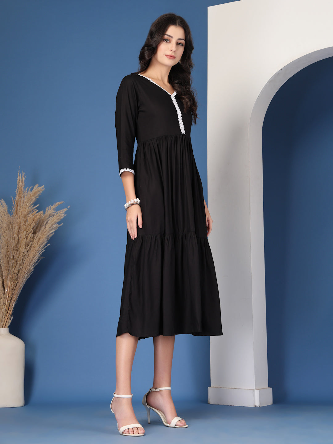 Classic Black Solid Midi Dress