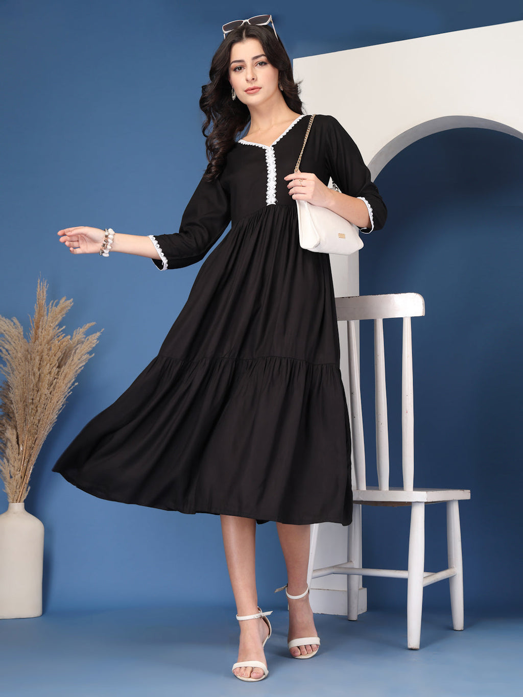 Classic Black Solid Midi Dress