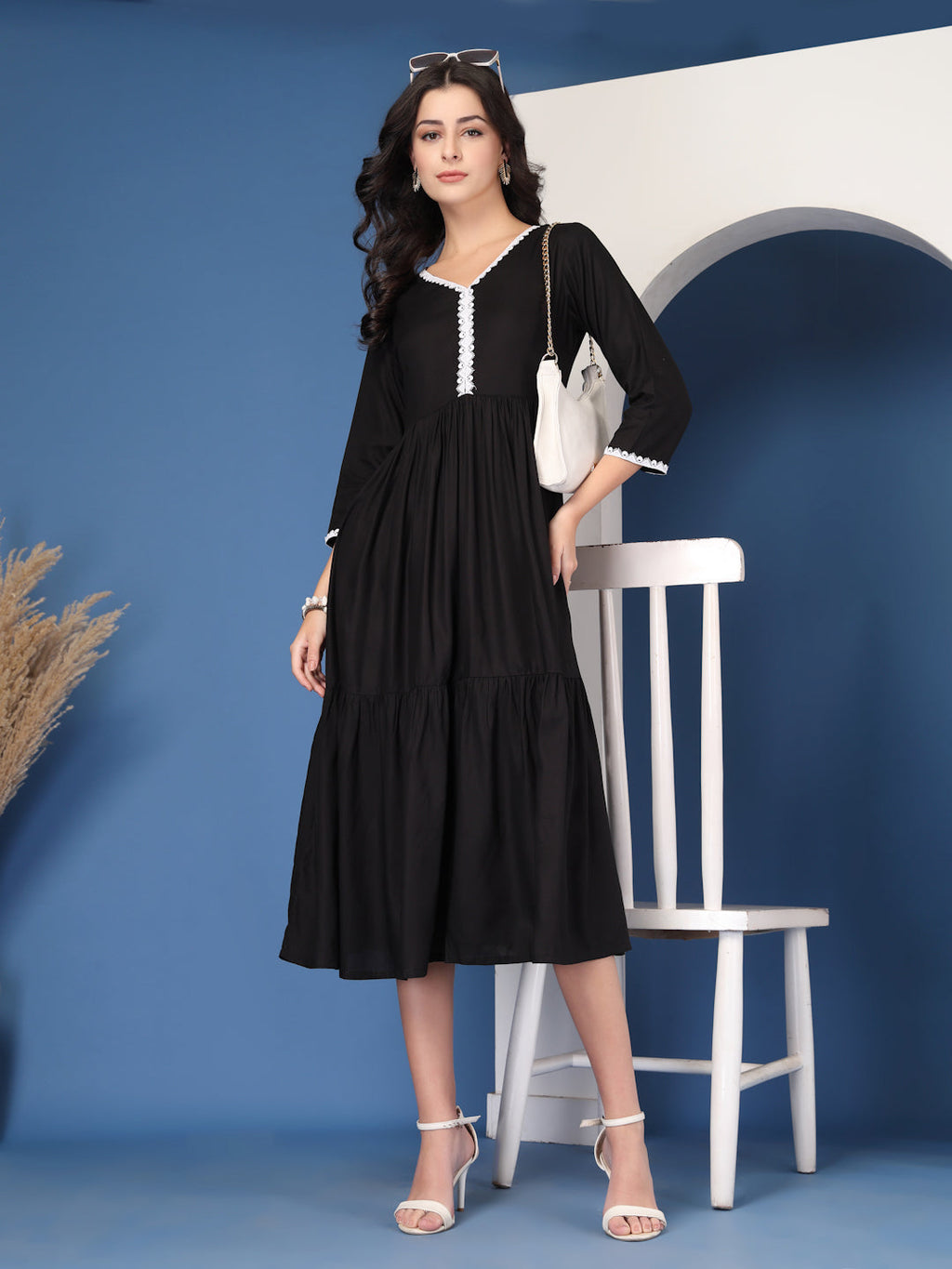 Classic Black Solid Midi Dress