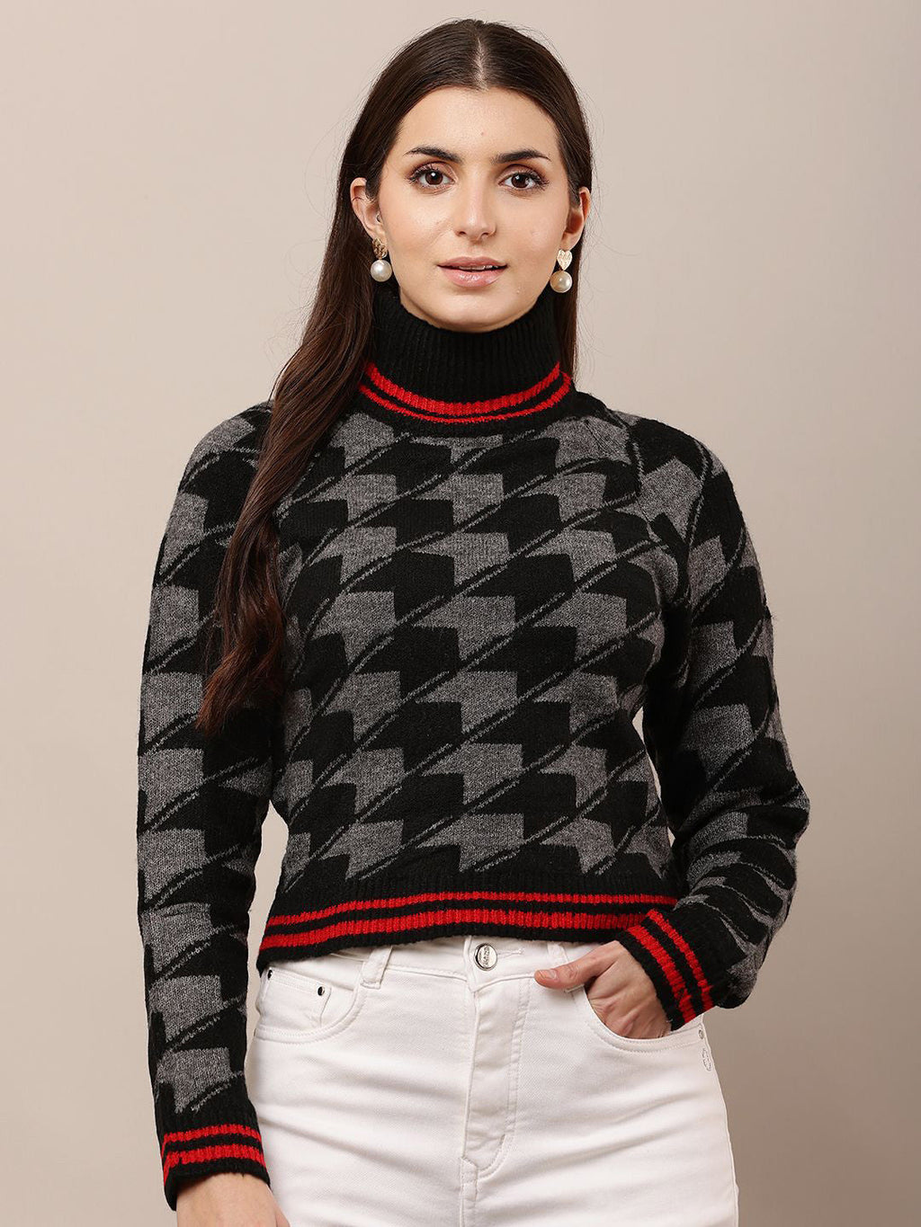 Black Classic High Neck Checked Pullover