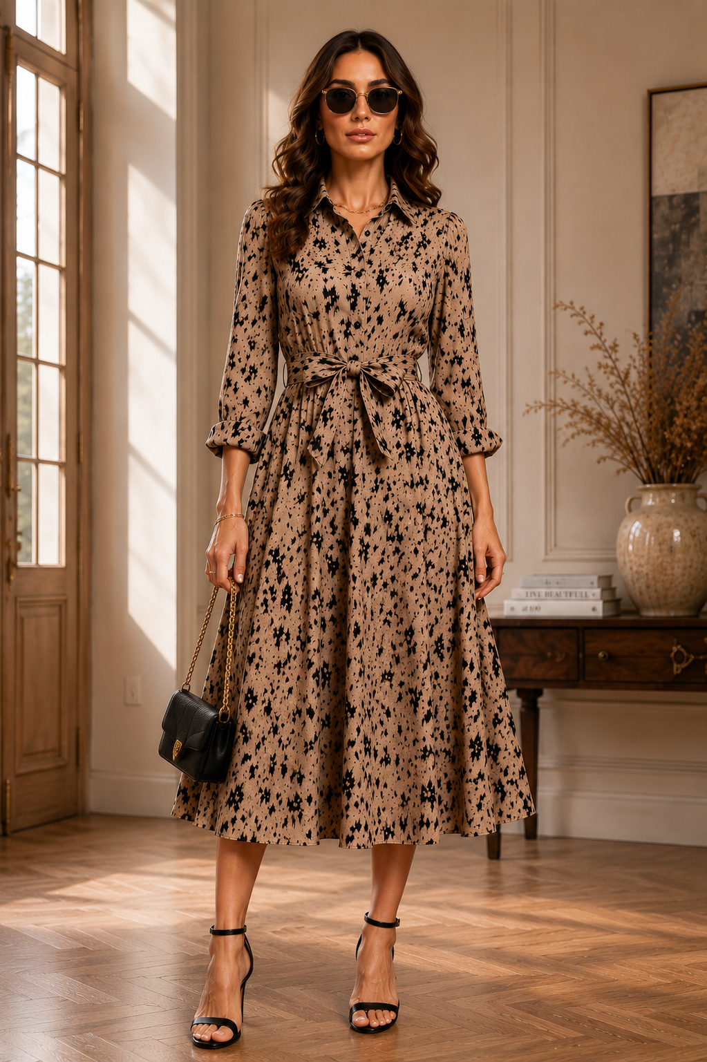 Mocha Wild Animal Print Midi Shirt Dress