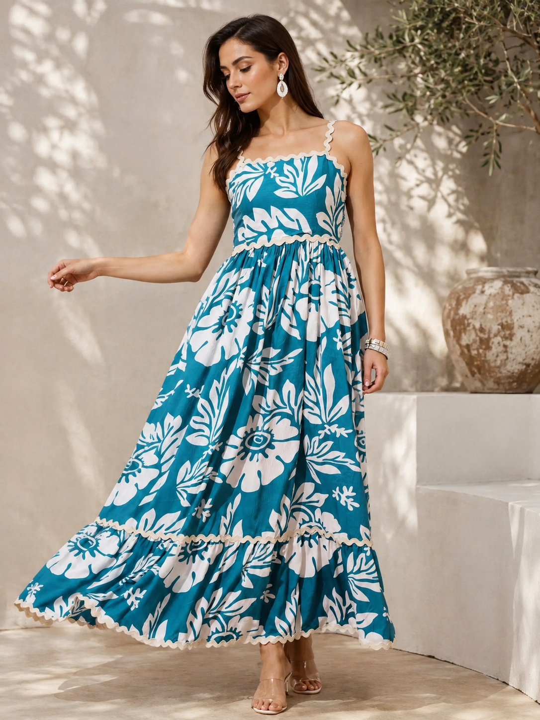 Sky Blossom Fit & Flare Maxi Dress