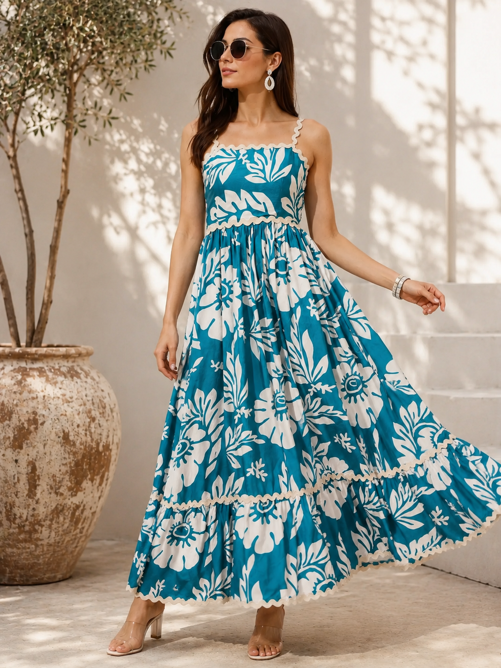 Sky Blossom Fit & Flare Maxi Dress