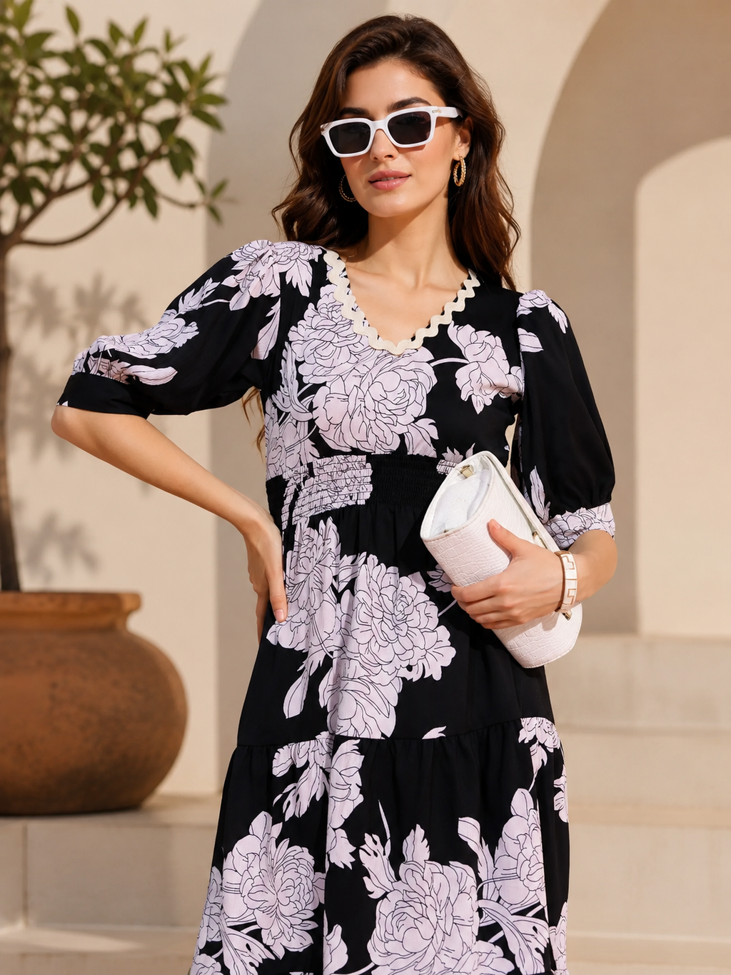 Elegant Noir Floral Midi Dress