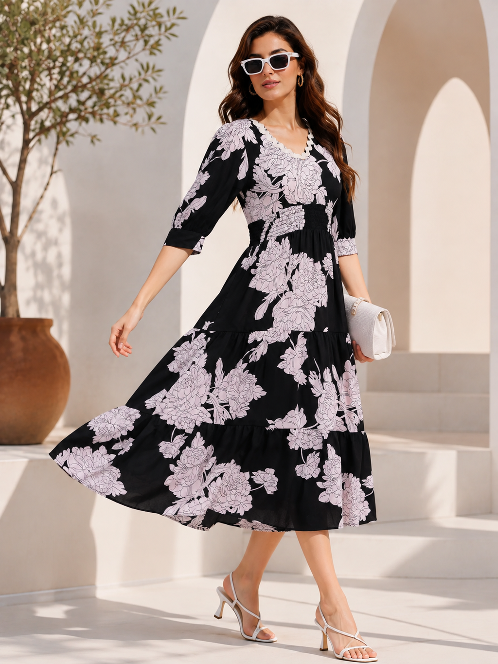 Elegant Noir Floral Midi Dress