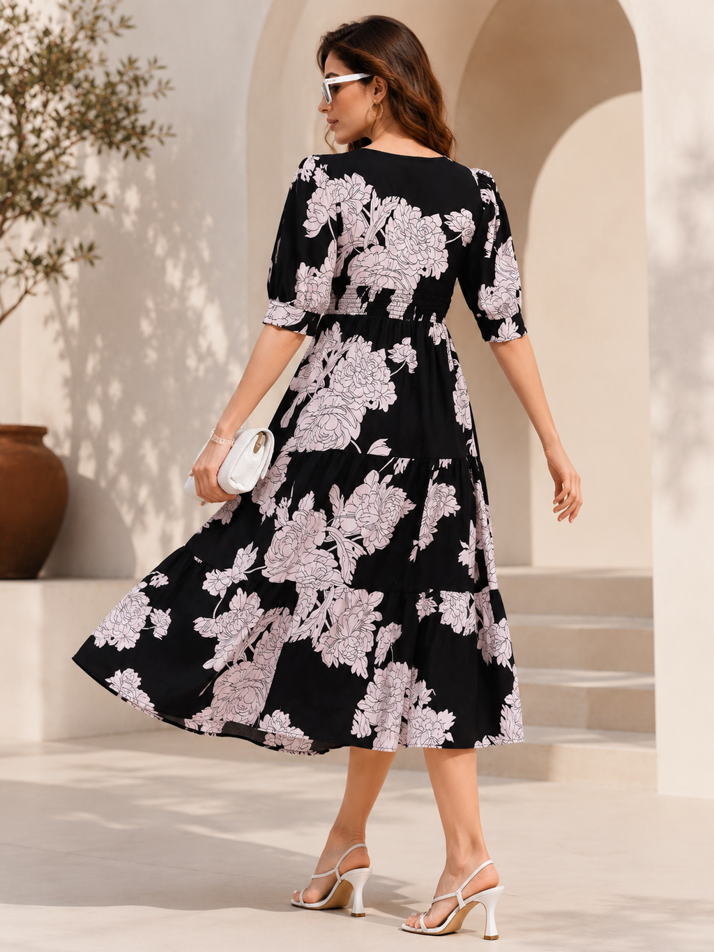 Elegant Noir Floral Midi Dress