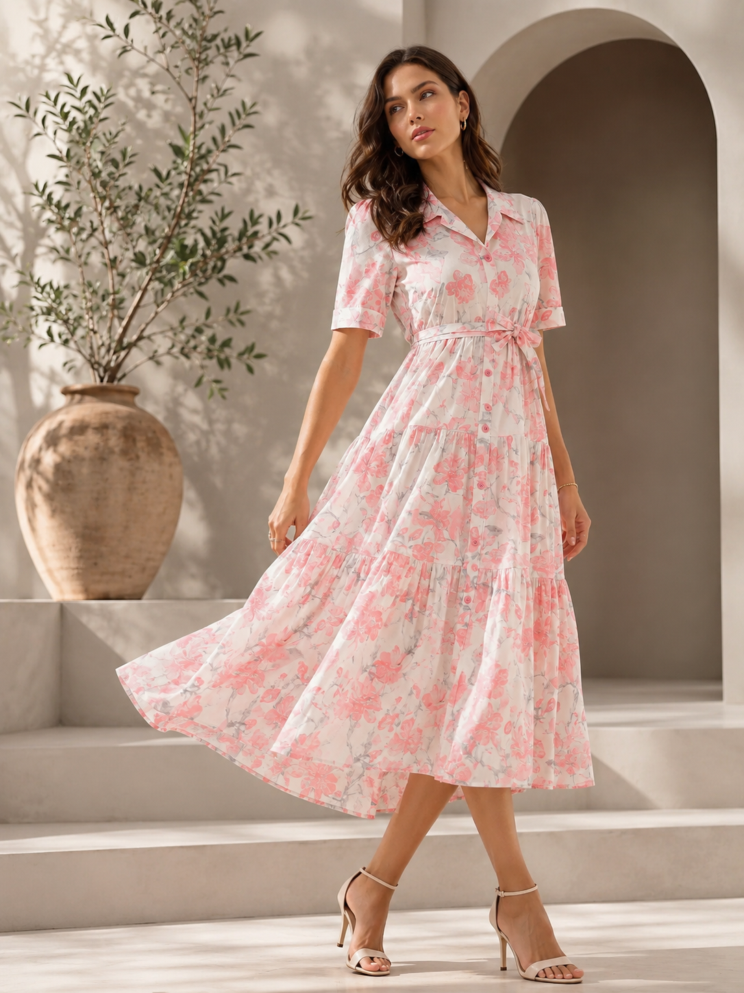 Blush Elegance Floral Midi Dress