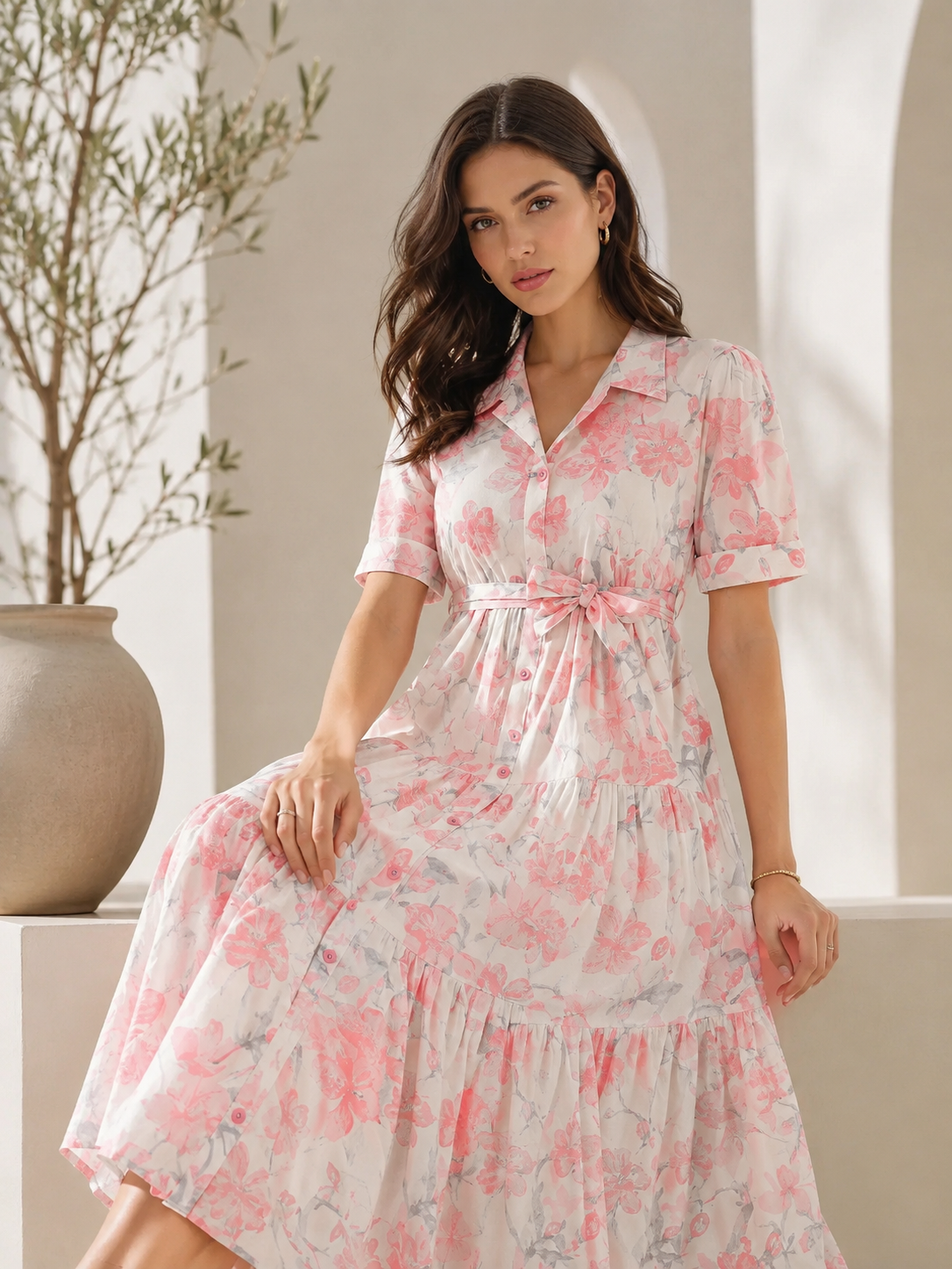 Blush Elegance Floral Midi Dress