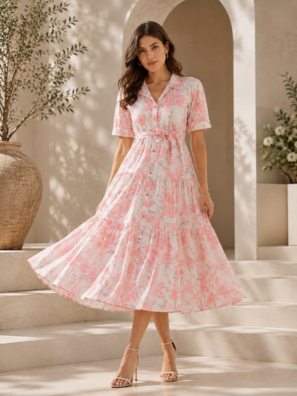 Blush Elegance Floral Midi Dress