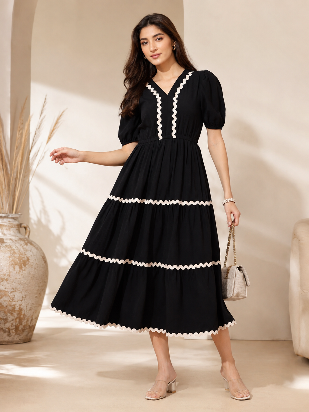 Black Aura Fit & Flare Midi Dress