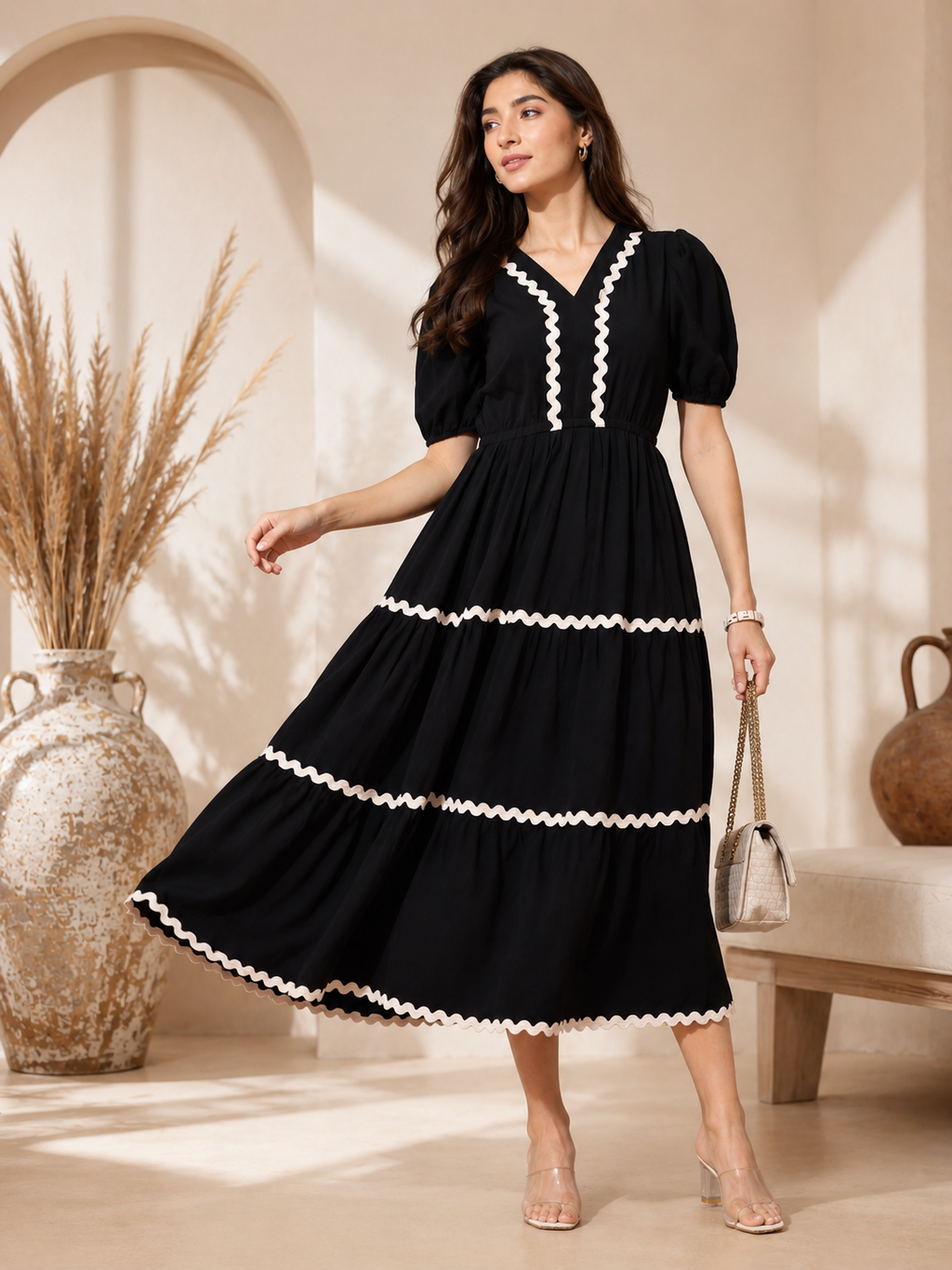 Black Aura Fit & Flare Midi Dress