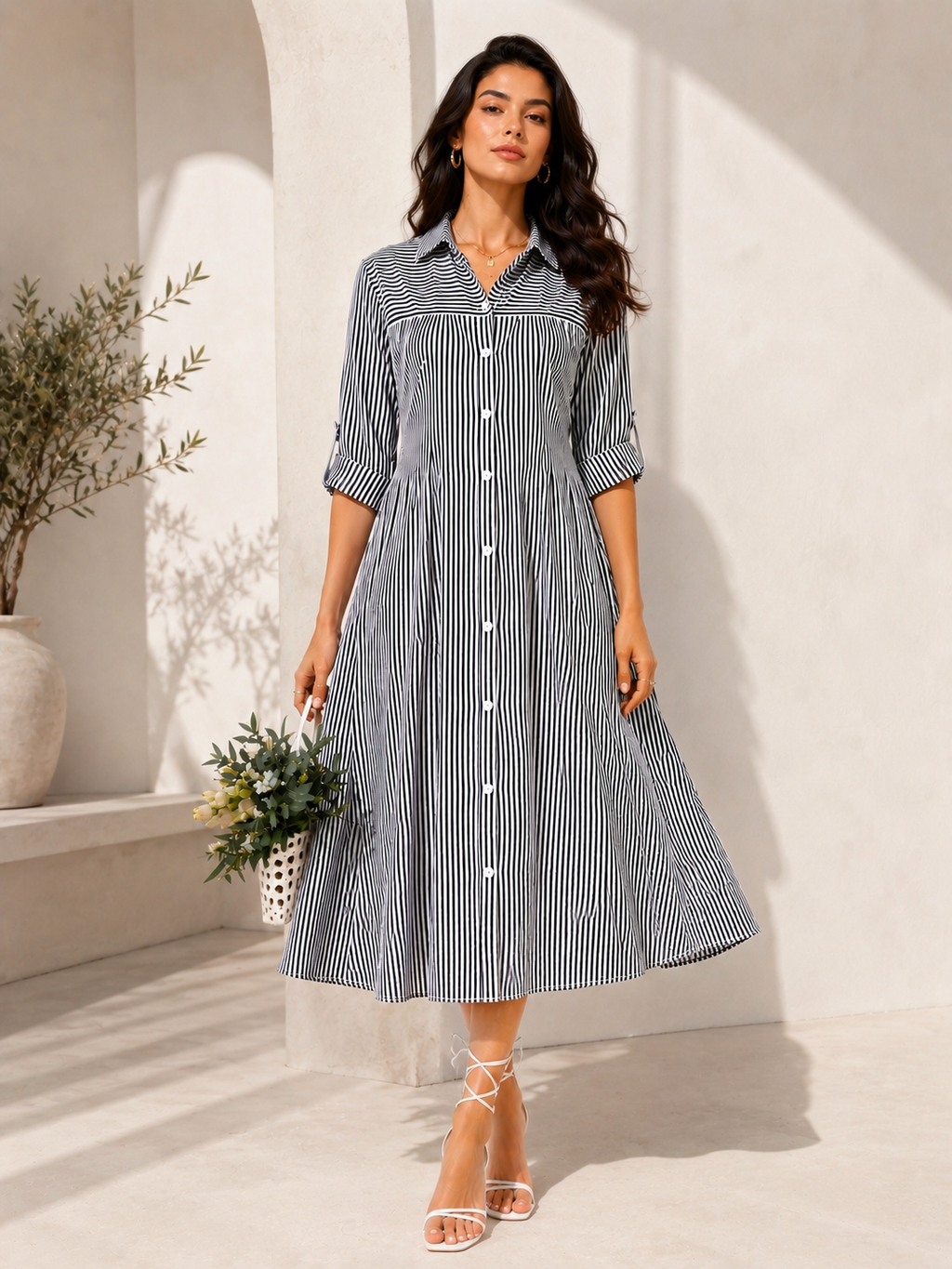 Monochrome Elegance Striped Shirt Dress