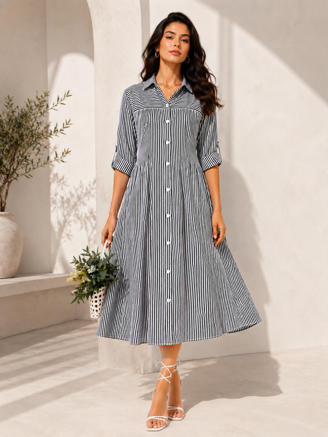 Monochrome Elegance Striped Shirt Dress
