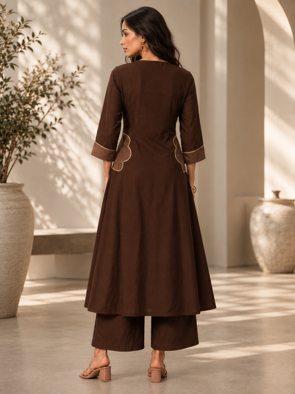 Mocha Bloom Flared Kurta Palazzo Set