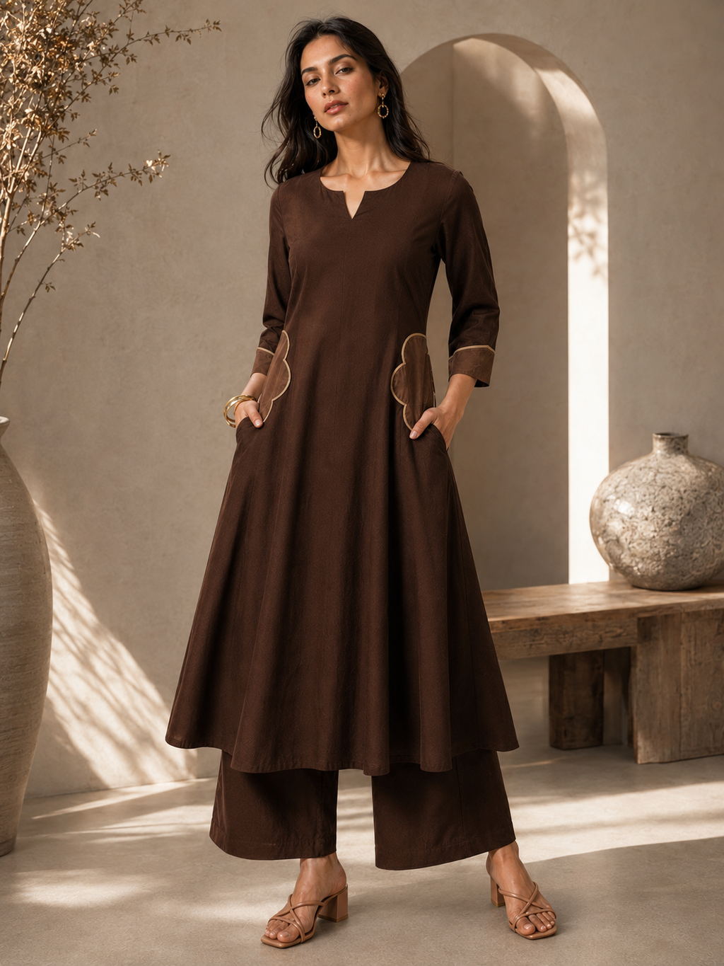 Mocha Bloom Flared Kurta Palazzo Set