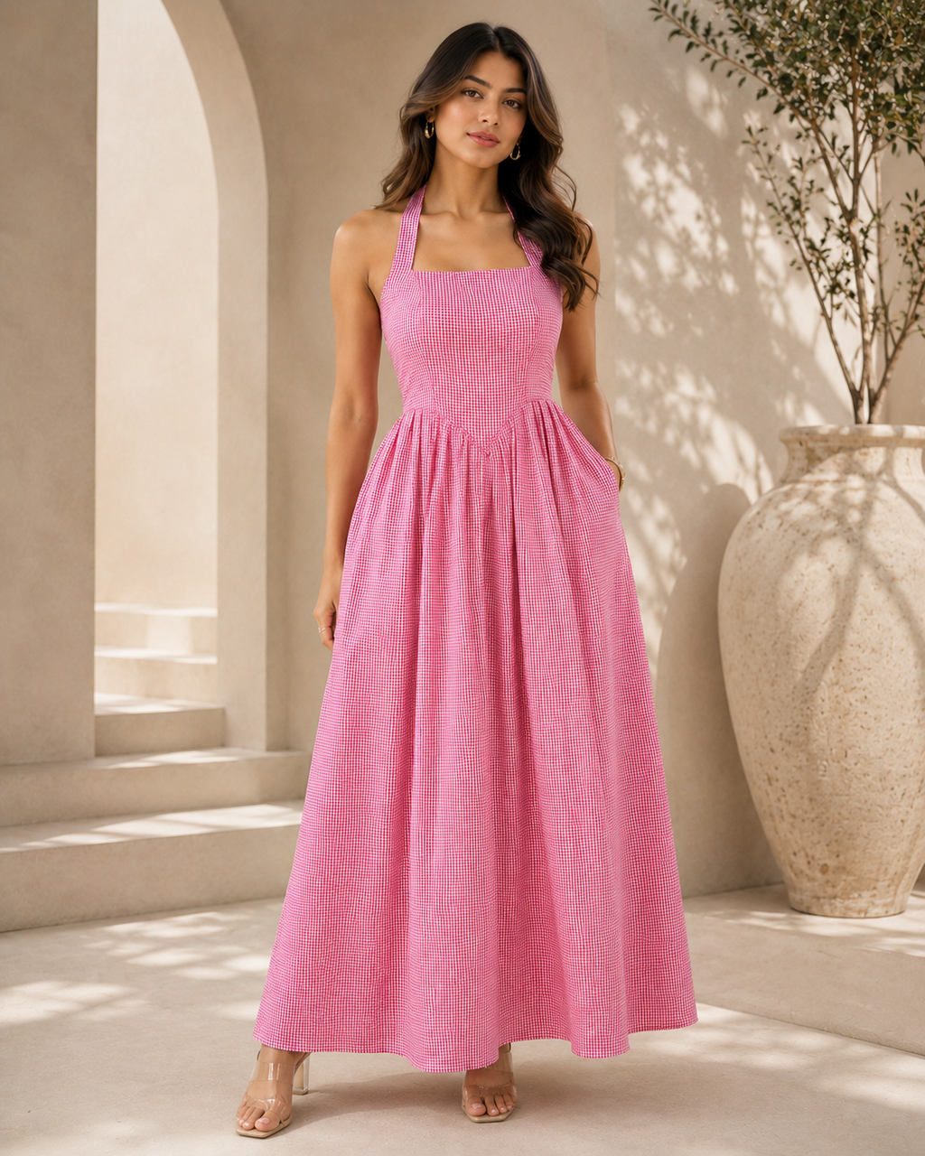 Rosy Charm Checkered Maxi Dress