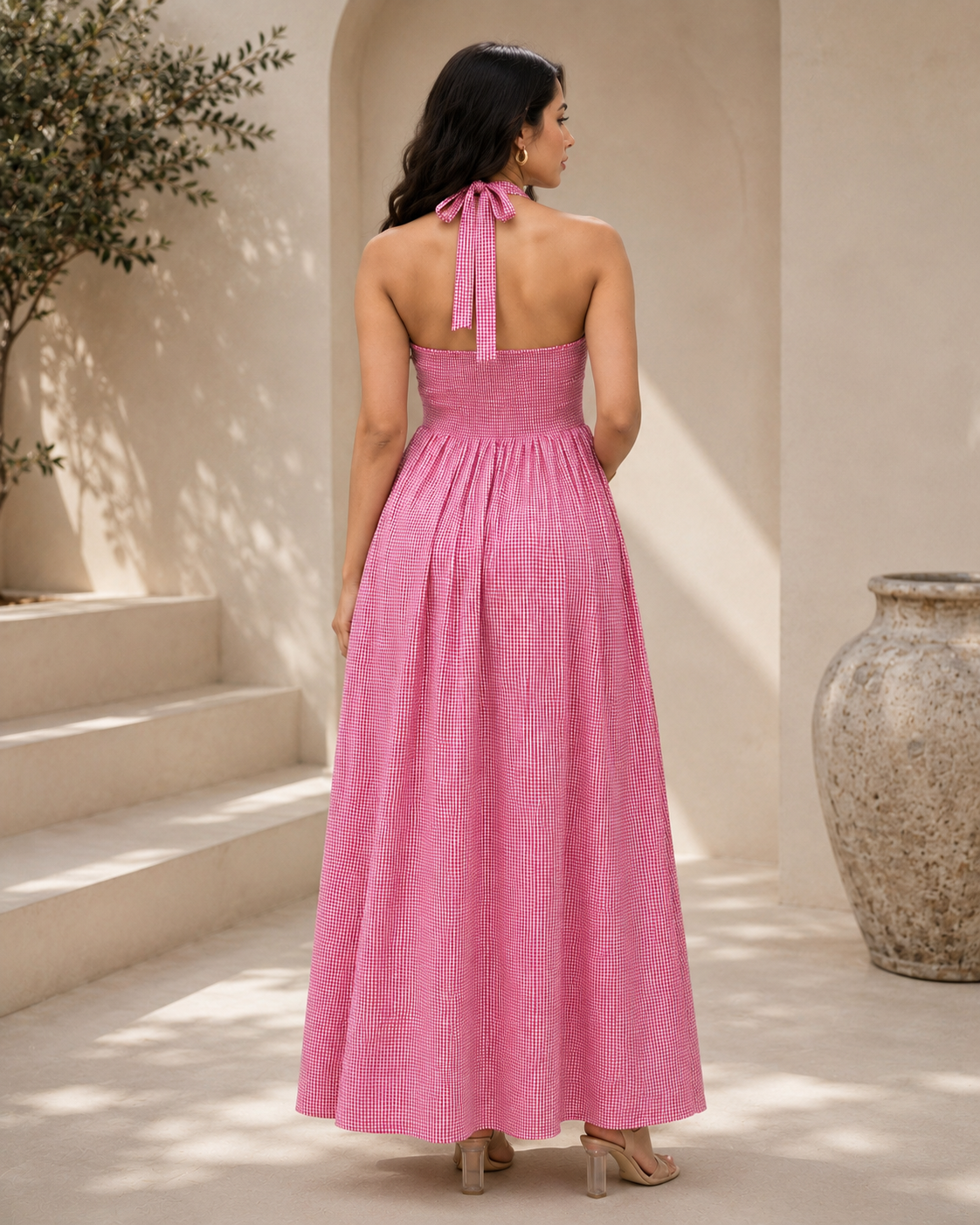 Rosy Charm Checkered Maxi Dress
