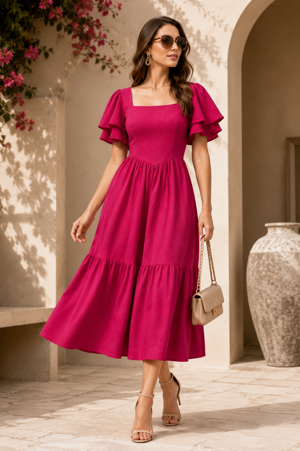 Elegant Pink Fit & Flare Midi Dress