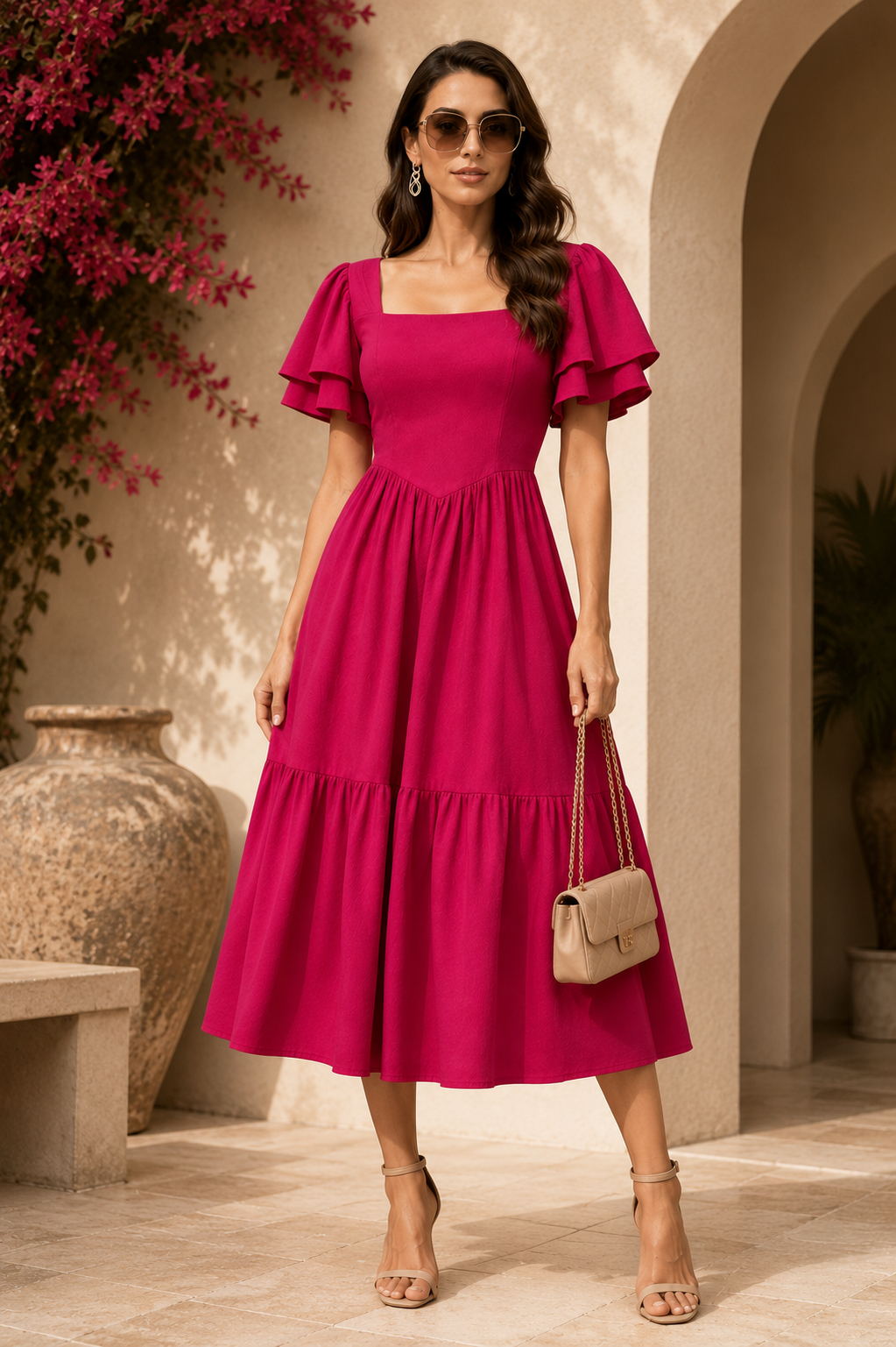 Elegant Pink Fit & Flare Midi Dress