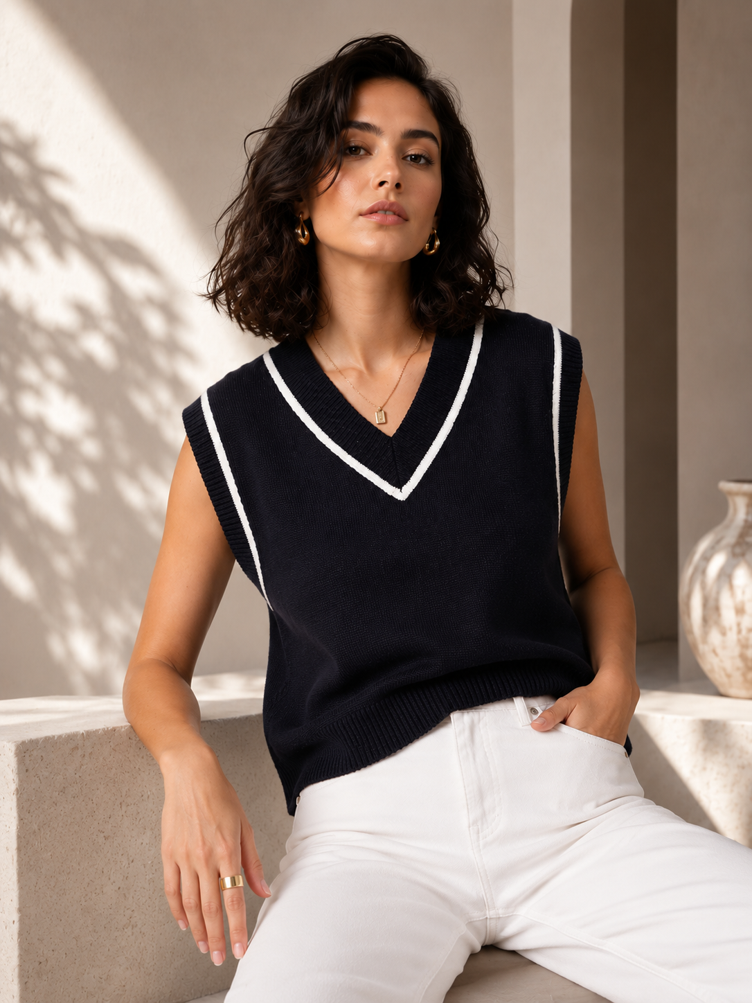 Black Luxe V-Neck Cotton Sweater
