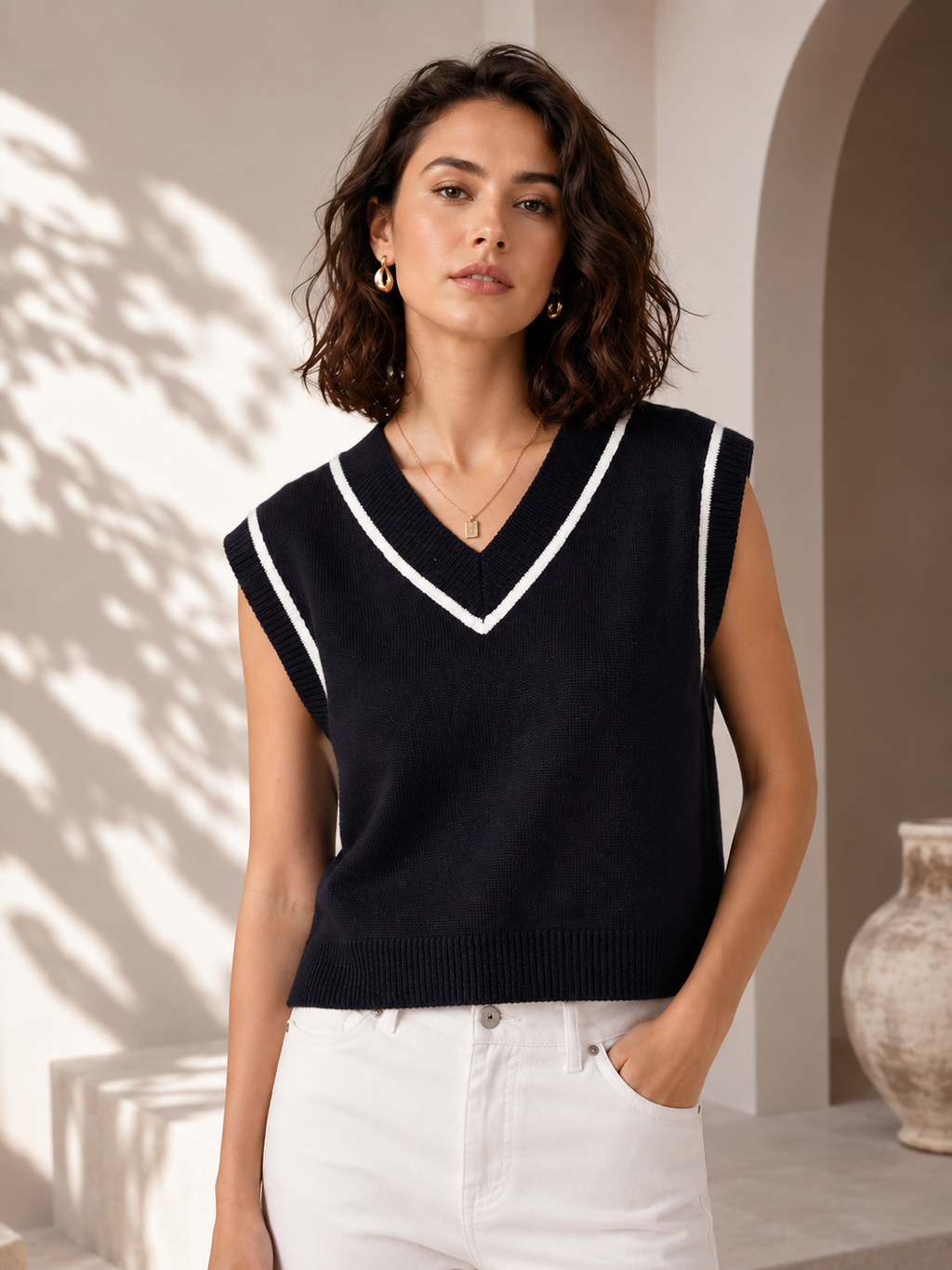 Black Luxe V-Neck Cotton Sweater