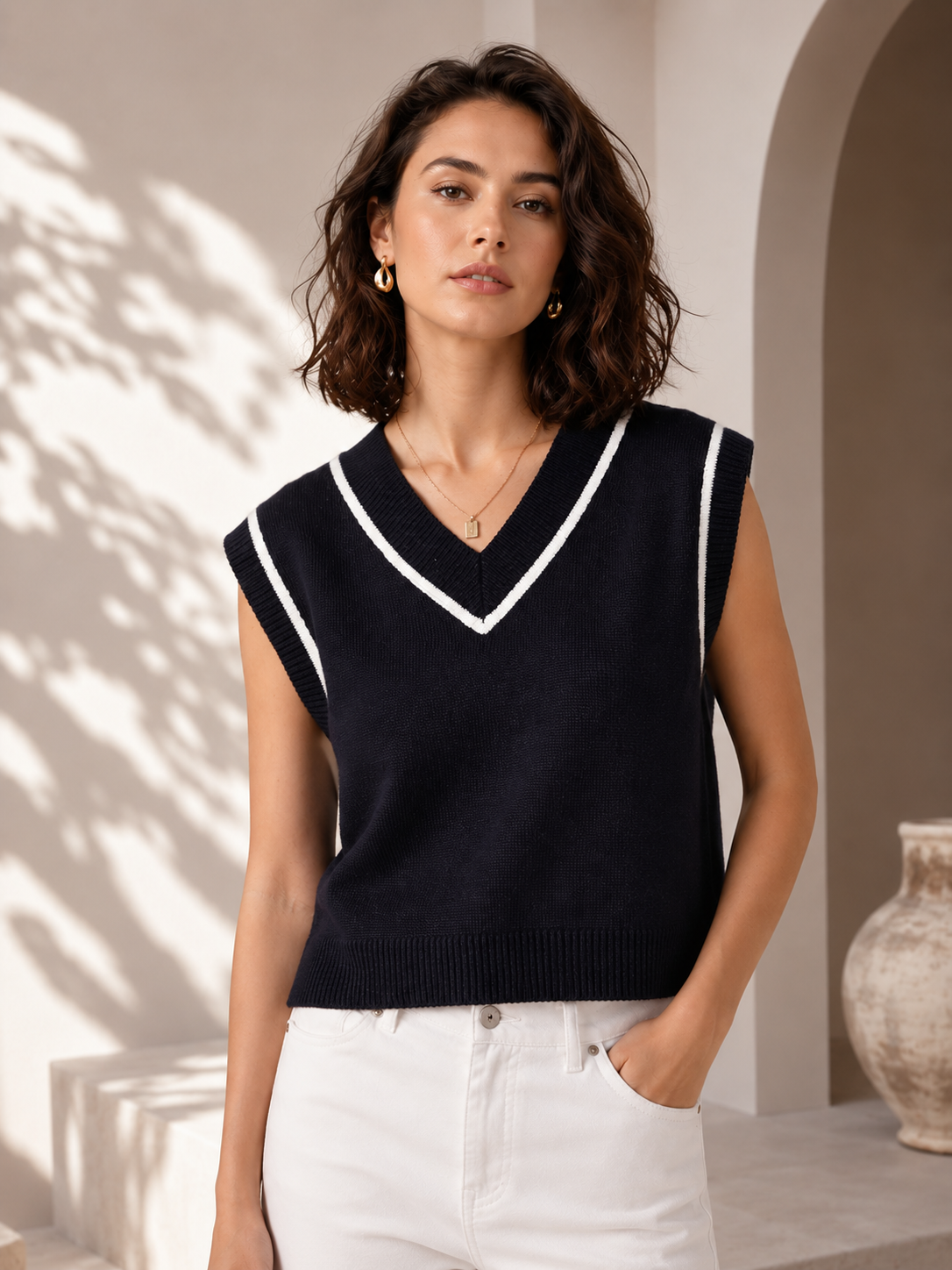 Black Luxe V-Neck Cotton Sweater
