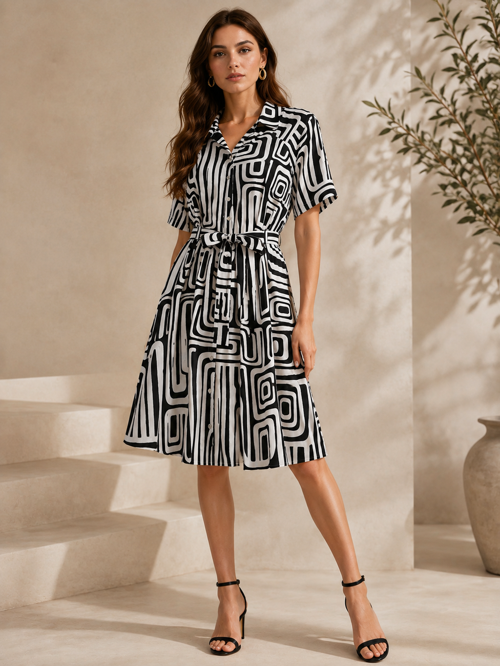 Monochrome Geo Fit & Flare Shirt Dress