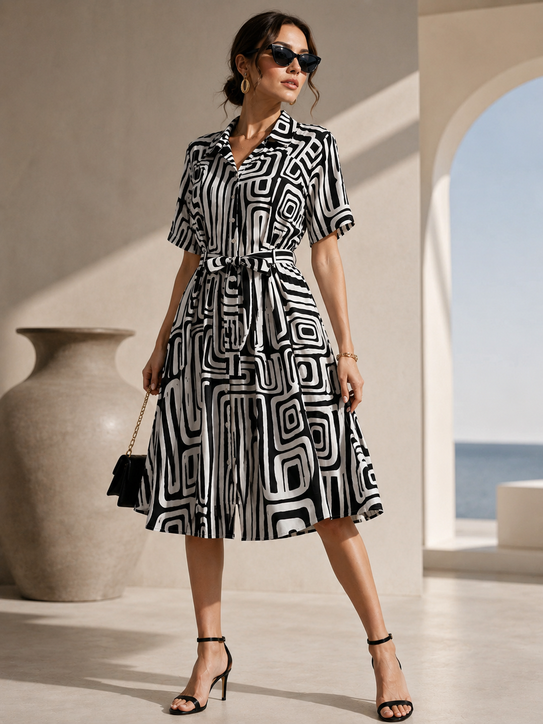 Monochrome Geo Fit & Flare Shirt Dress