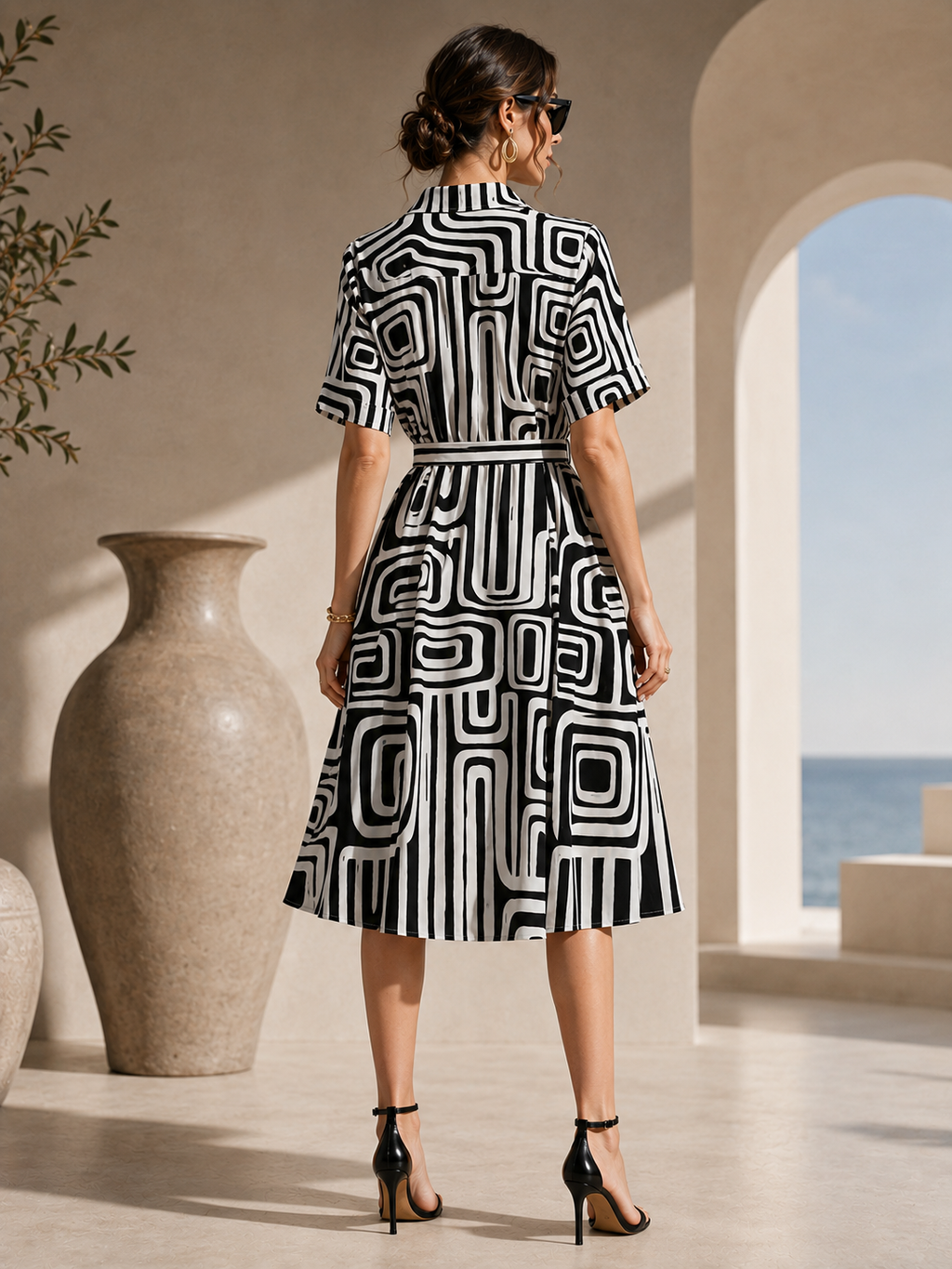 Monochrome Geo Fit & Flare Shirt Dress