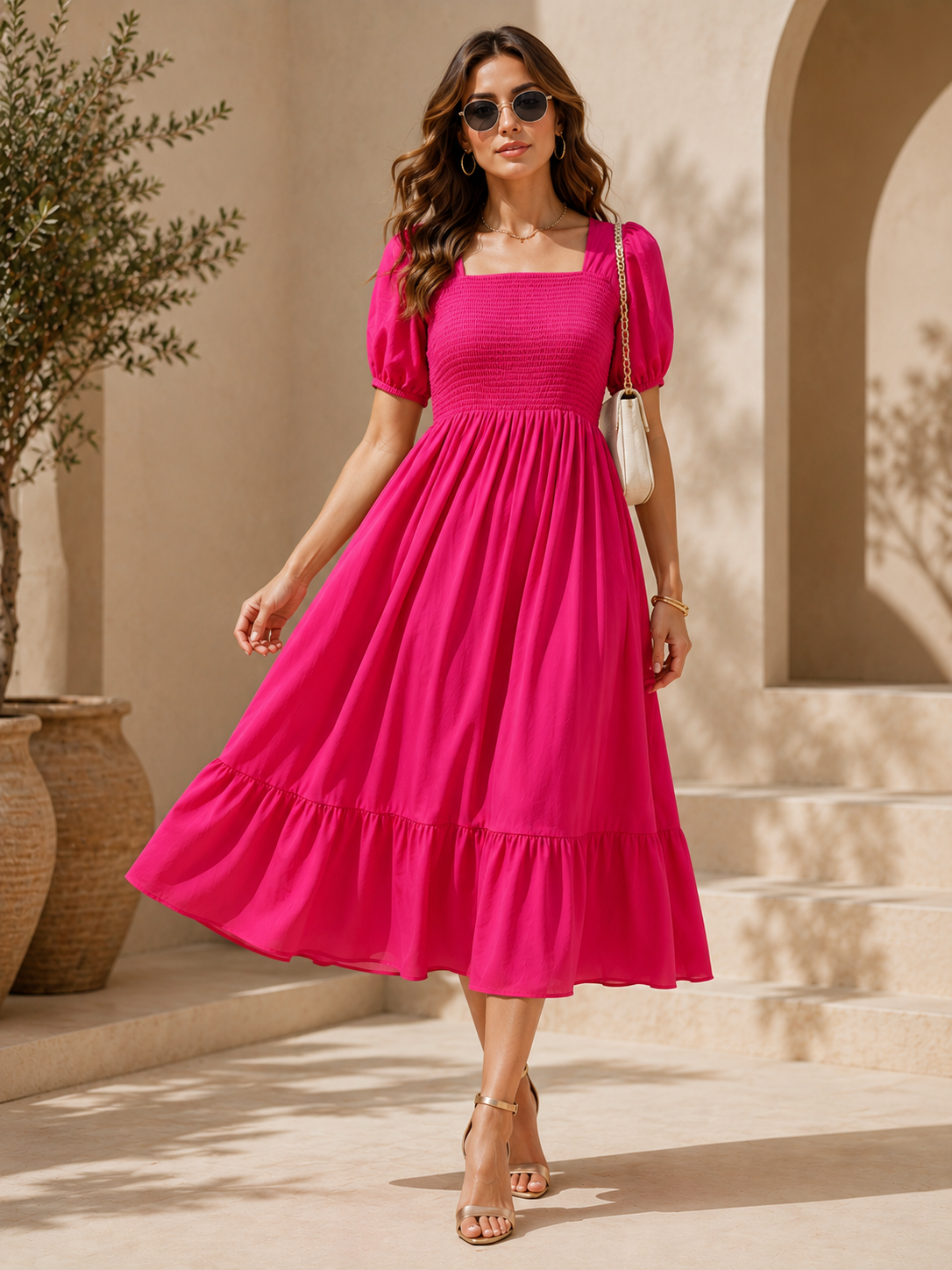 Pink Solid Smocked Fit and Flare Midi Dress