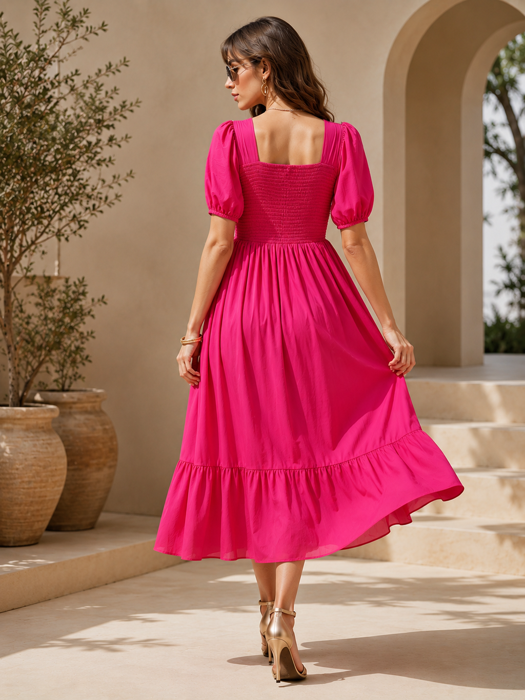 Pink Solid Smocked Fit and Flare Midi Dress