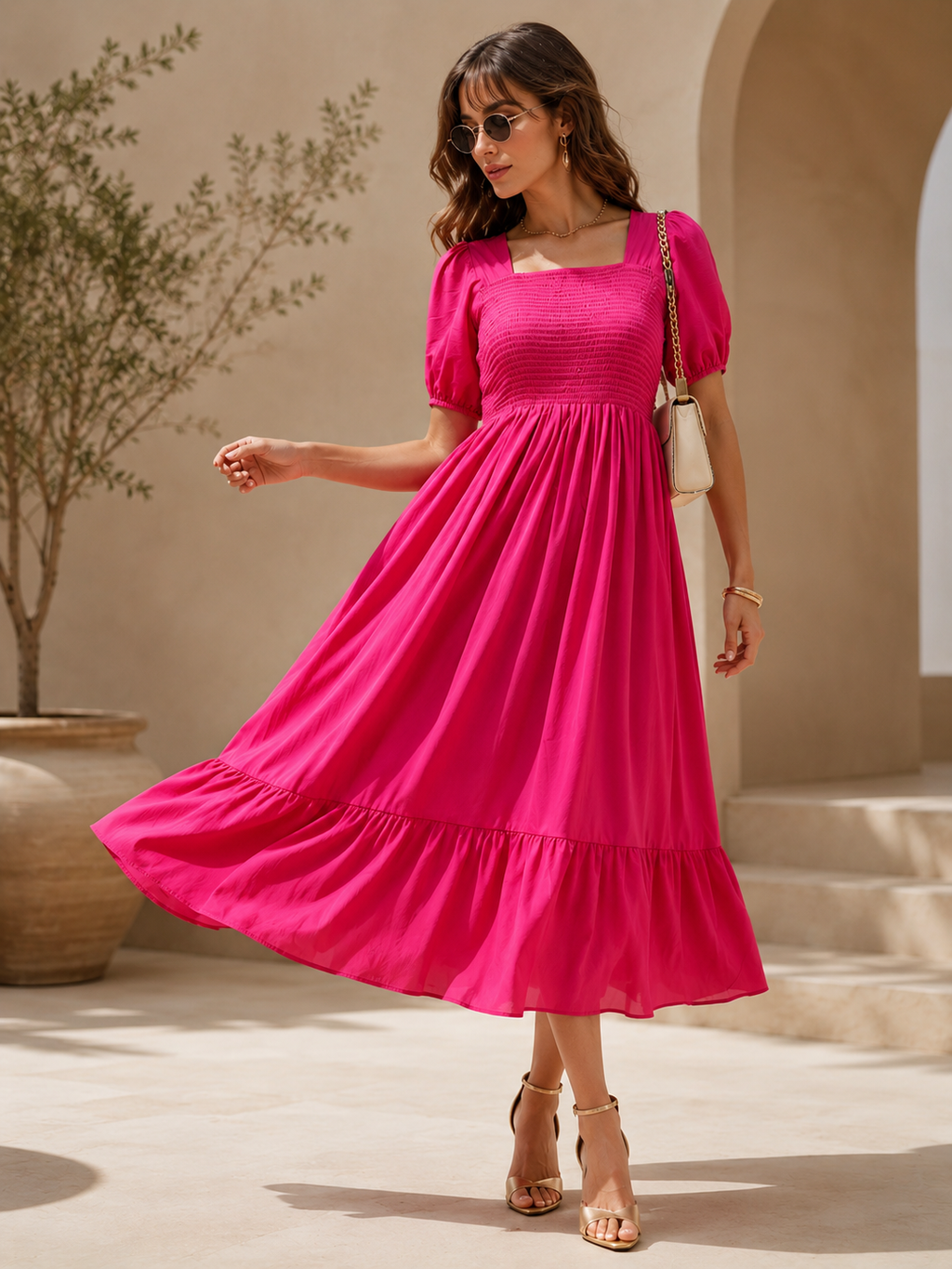 Pink Solid Smocked Fit and Flare Midi Dress