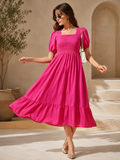 Pink Solid Smocked Fit and Flare Midi Dress