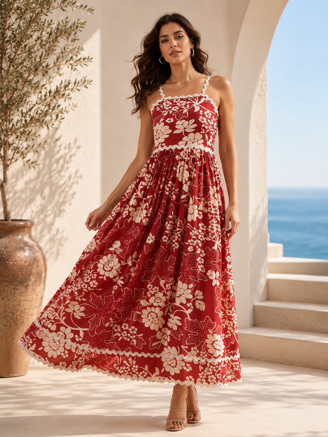 Red Floral Print Shoulder Straps Dress
