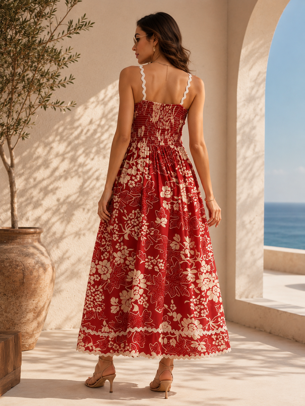 Red Floral Print Shoulder Straps Dress
