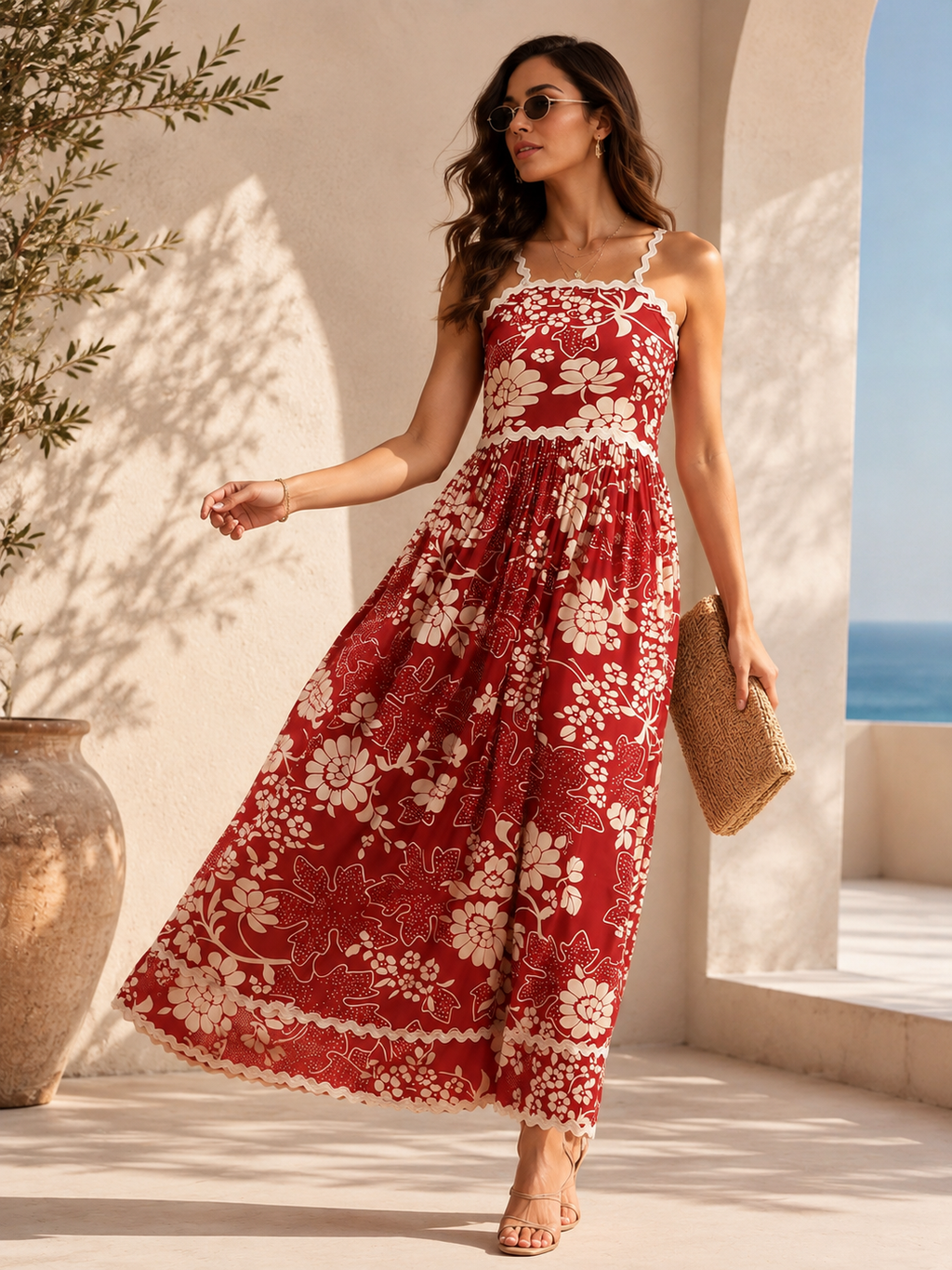 Red Floral Print Shoulder Straps Dress