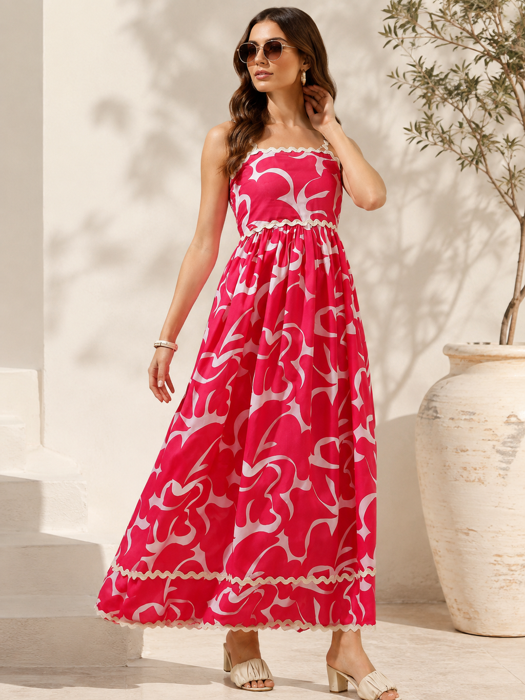 Pink Shoulder Straps Fit and Flare Dress